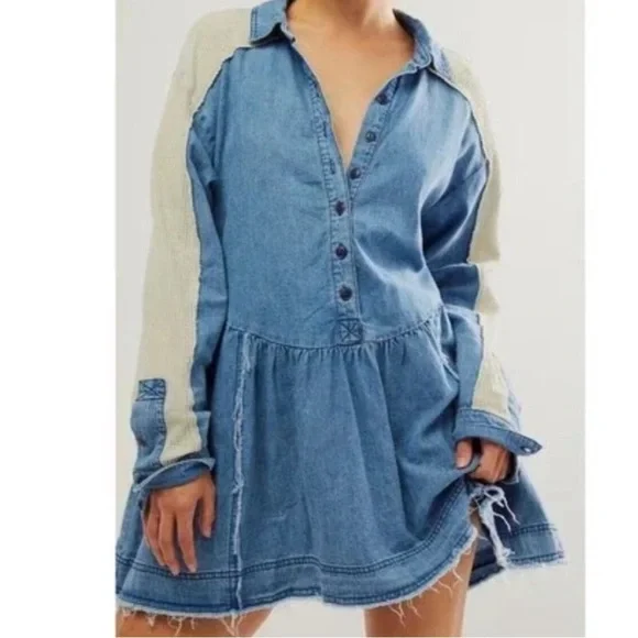 Free People Denim & Thermal Long Sleeve Dress XS NWOTS - Picture 1 of 9